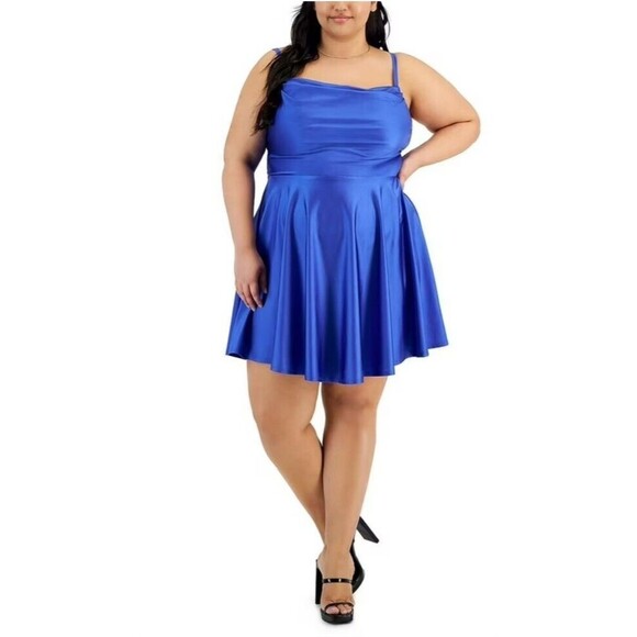 New CITY STUDIOS Wn's (16W) Royal Blue Satin Party Mini Fit & Flare Dress $79 - Picture 1 of 10
